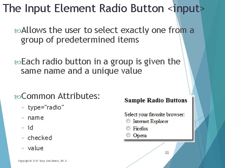 The Input Element Radio Button <input> Allows the user to select exactly one from