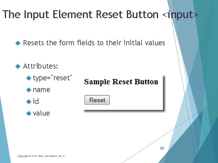 The Input Element Reset Button <input> Resets the form fields to their initial values