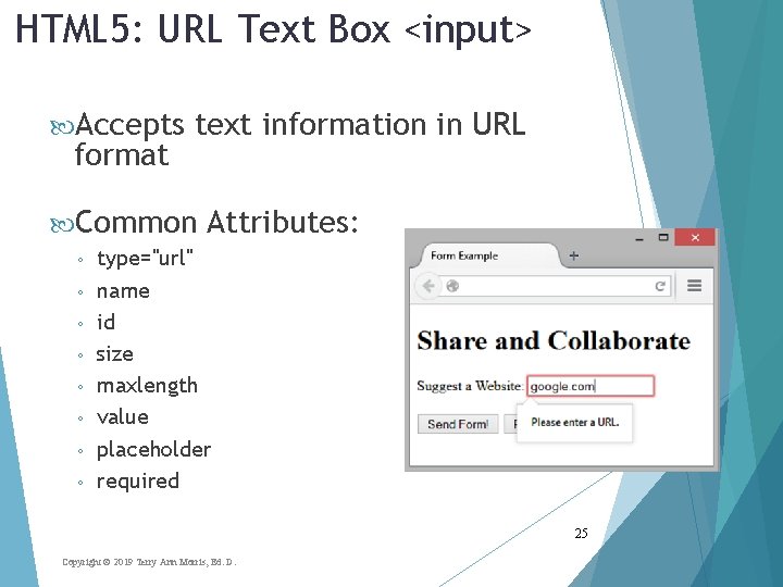 HTML 5: URL Text Box <input> Accepts format text information in URL Common ◦