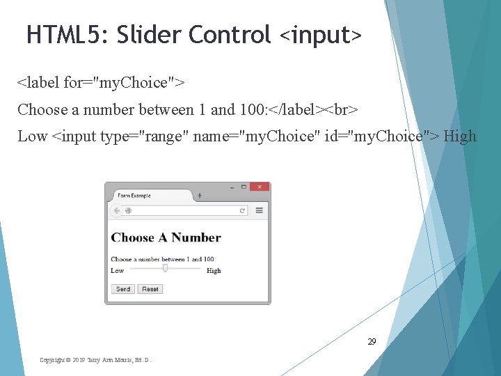 HTML 5: Slider Control <input> <label for="my. Choice"> Choose a number between 1 and