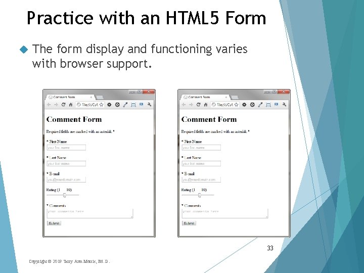 Practice with an HTML 5 Form The form display and functioning varies with browser