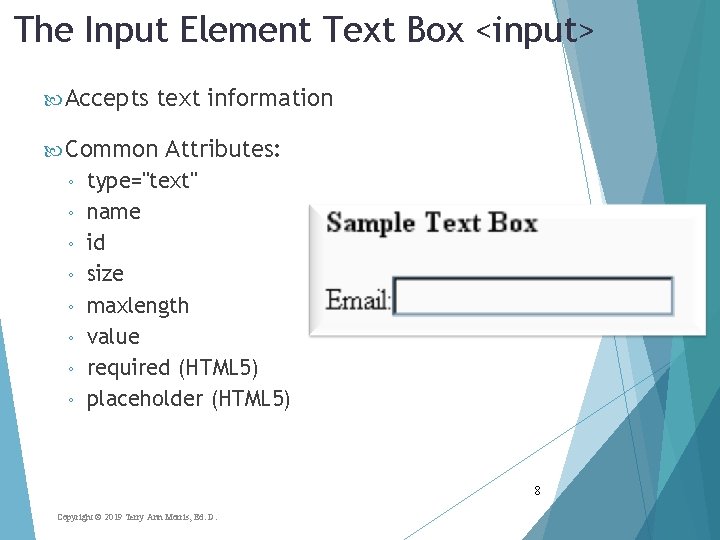 The Input Element Text Box <input> Accepts text information Common ◦ ◦ ◦ ◦