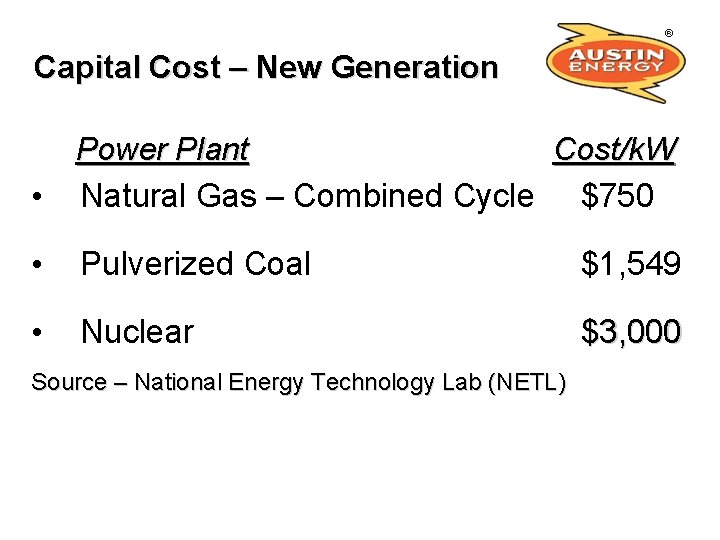 Capital Cost – New Generation • Power Plant Cost/k. W Natural Gas – Combined
