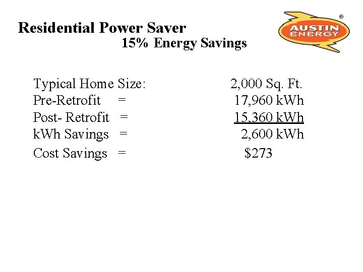 Residential Power Saver 15% Energy Savings Typical Home Size: Pre-Retrofit = Post- Retrofit =