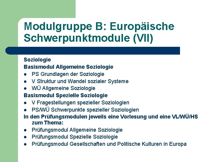 Modulgruppe B: Europäische Schwerpunktmodule (VII) Soziologie Basismodul Allgemeine Soziologie l PS Grundlagen der Soziologie