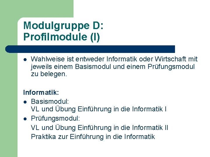 Modulgruppe D: Profilmodule (I) l Wahlweise ist entweder Informatik oder Wirtschaft mit jeweils einem