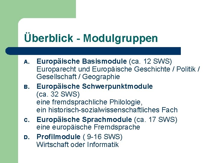 Überblick - Modulgruppen A. B. C. D. Europäische Basismodule (ca. 12 SWS) Europarecht und