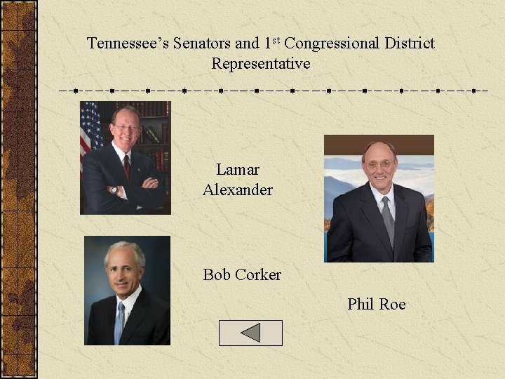 Tennessee’s Senators and 1 st Congressional District Representative Lamar Alexander Bob Corker Phil Roe Tennessee’s Senators and 1 st Congressional District Representative Lamar Alexander Bob Corker Phil Roe