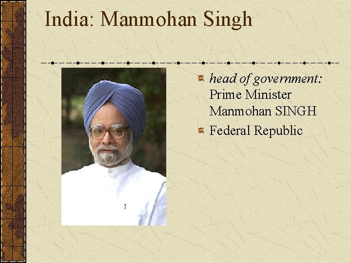 India: Manmohan Singh head of government: Prime Minister Manmohan SINGH Federal Republic  India: Manmohan Singh head of government: Prime Minister Manmohan SINGH Federal Republic