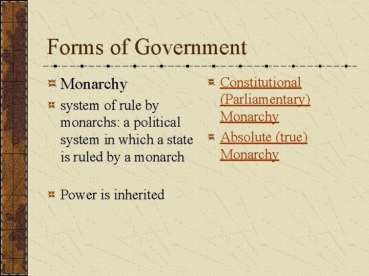 Forms of Government Monarchy system of rule by monarchs: a political system in which Forms of Government Monarchy system of rule by monarchs: a political system in which
