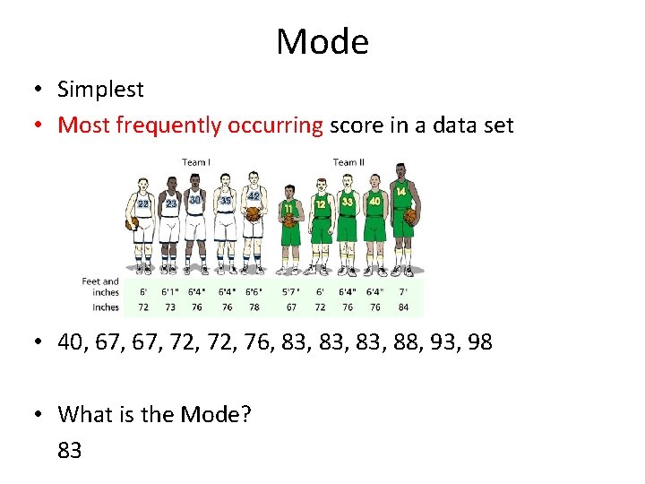 Mode • Simplest • Most frequently occurring score in a data set • 40,