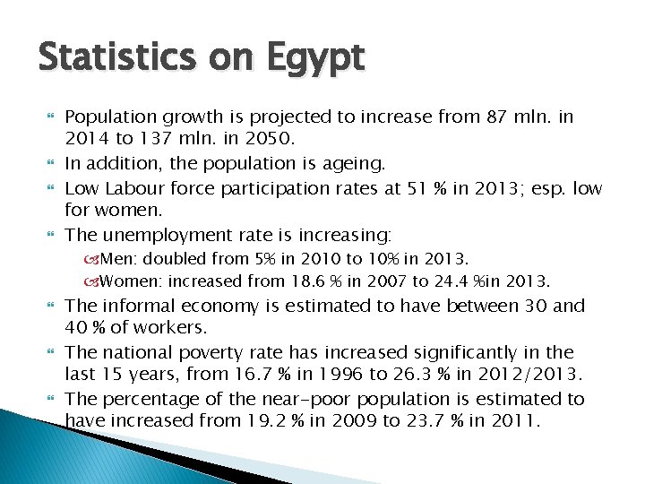 Statistics on Egypt Population growth is projected to increase from 87 mln. in 2014