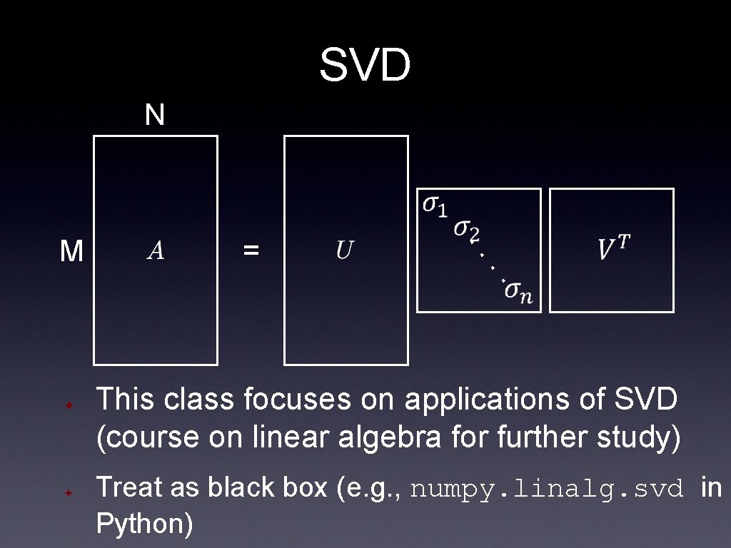 SVD N ✦ . . ✦ = . . M This class focuses on