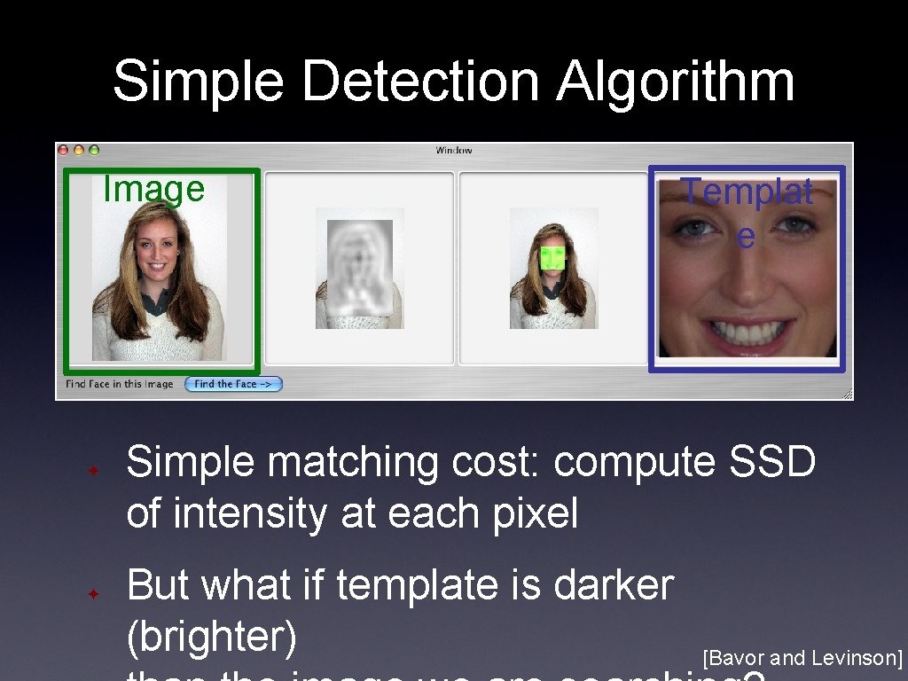 Simple Detection Algorithm Image ✦ ✦ Templat e Simple matching cost: compute SSD of