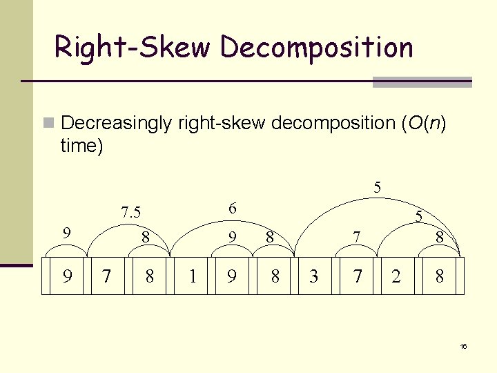 Right-Skew Decomposition n Decreasingly right-skew decomposition (O(n) time) 5 6 7. 5 9 9