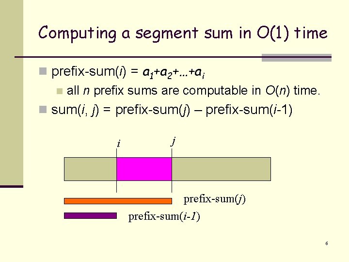 Computing a segment sum in O(1) time n prefix-sum(i) = a 1+a 2+…+ai n