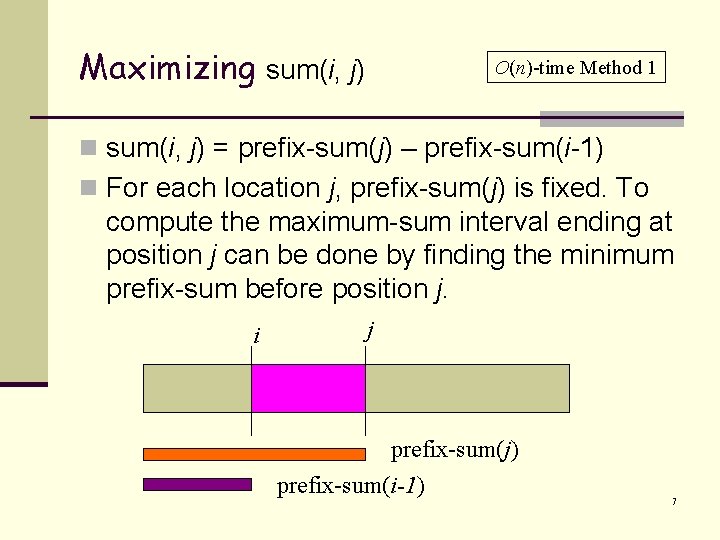 Maximizing sum(i, j) O(n)-time Method 1 n sum(i, j) = prefix-sum(j) – prefix-sum(i-1) n