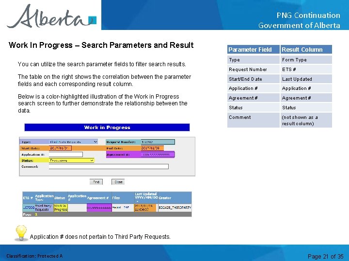 PNG Continuation Government of Alberta Work In Progress – Search Parameters and Result Parameter