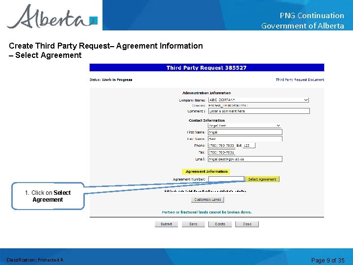 PNG Continuation Government of Alberta Create Third Party Request– Agreement Information – Select Agreement