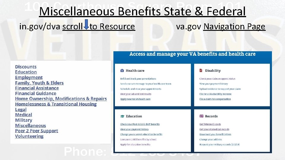 Miscellaneous Benefits State & Federal in. gov/dva scroll to Resource va. gov Navigation Page