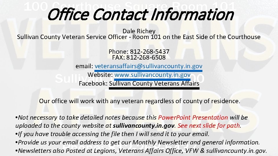 Office Contact Information Dale Richey Sullivan County Veteran Service Officer - Room 101 on
