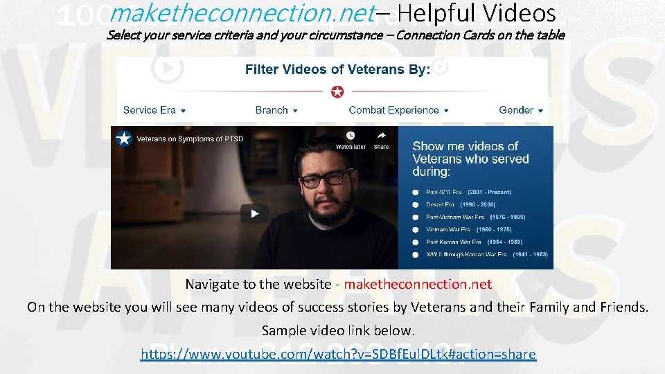 maketheconnection. net – Helpful Videos Select your service criteria and your circumstance – Connection