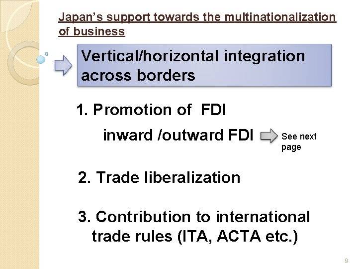Japan’s support towards the multinationalization of business Vertical/horizontal integration across borders 1. Promotion of