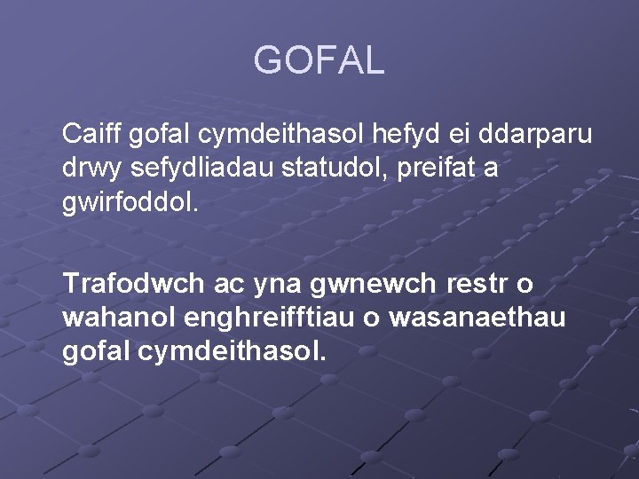 GOFAL Caiff gofal cymdeithasol hefyd ei ddarparu drwy sefydliadau statudol, preifat a gwirfoddol. Trafodwch