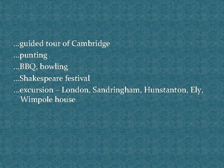 . . . guided tour of Cambridge. . . punting. . . BBQ, bowling.