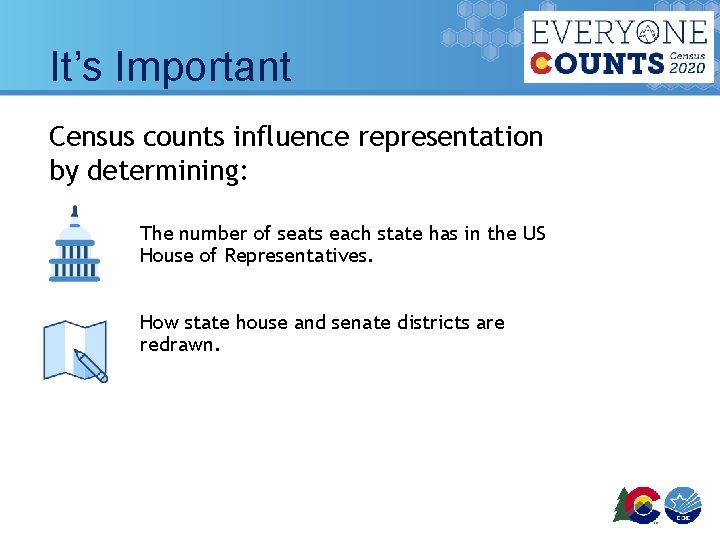 It’s Important Census counts influence representation by determining: The number of seats each state