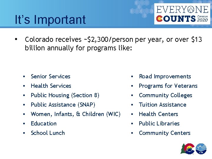 It’s Important • Colorado receives ~$2, 300/person per year, or over $13 billion annually
