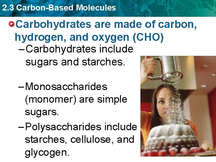 2. 3 Carbon-Based Molecules Carbohydrates are made of carbon, hydrogen, and oxygen (CHO) –