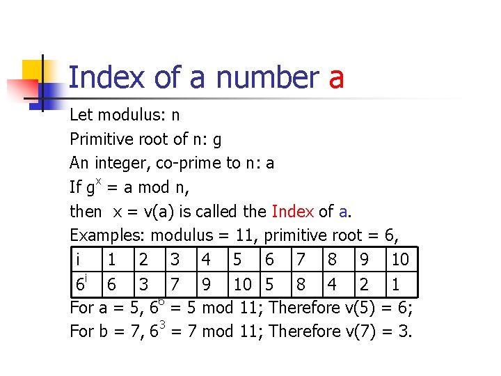 Index of a number a Let modulus: n Primitive root of n: g An