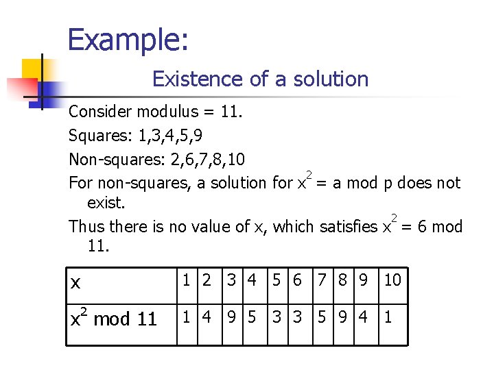 Example: Existence of a solution Consider modulus = 11. Squares: 1, 3, 4, 5,