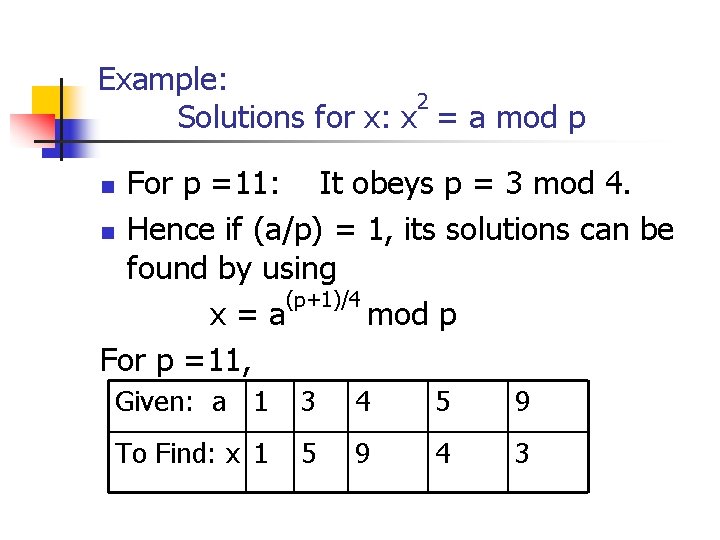 Example: 2 Solutions for x: x = a mod p For p =11: It