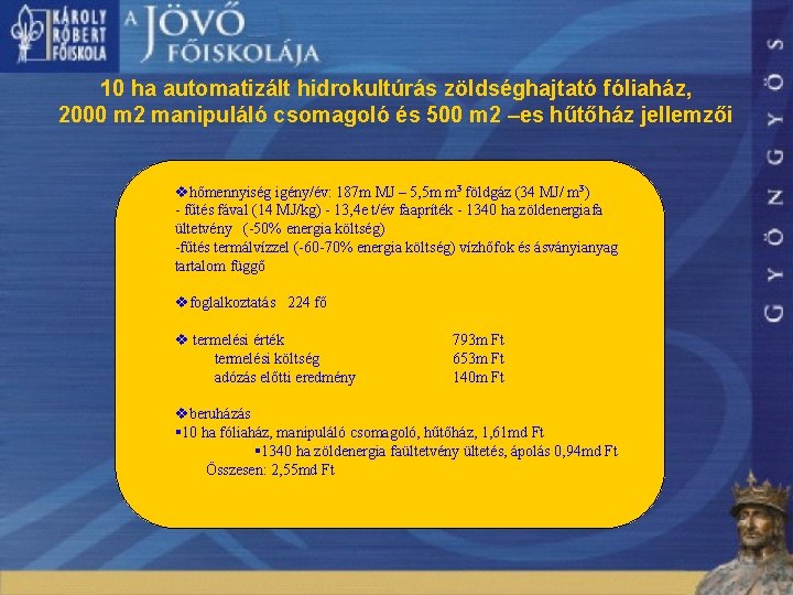 10 ha automatizált hidrokultúrás zöldséghajtató fóliaház, 2000 m 2 manipuláló csomagoló és 500 m