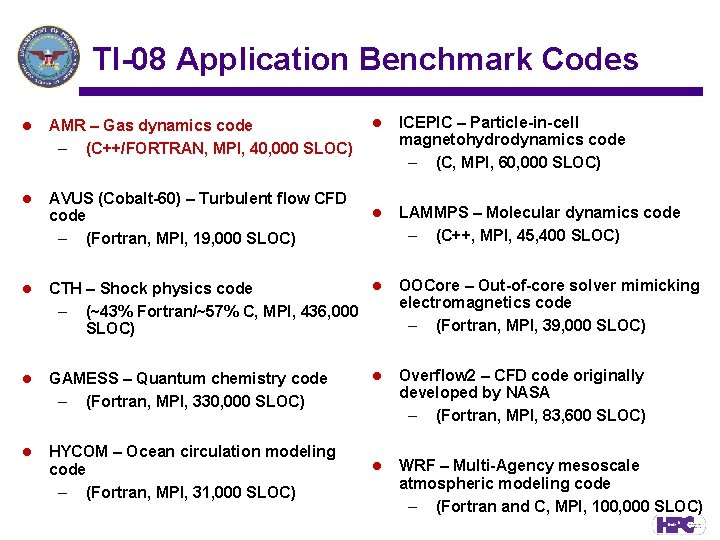 TI-08 Application Benchmark Codes l ICEPIC – Particle-in-cell magnetohydrodynamics code – (C, MPI, 60,