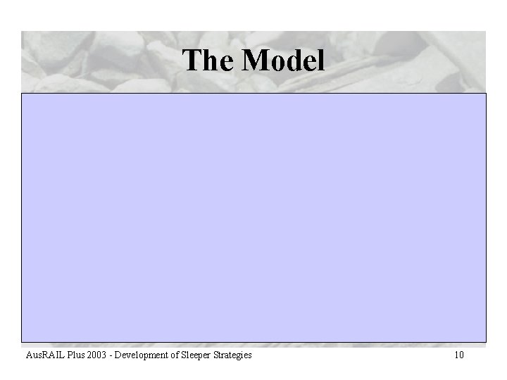 The Model Aus. RAIL Plus 2003 - Development of Sleeper Strategies 10 