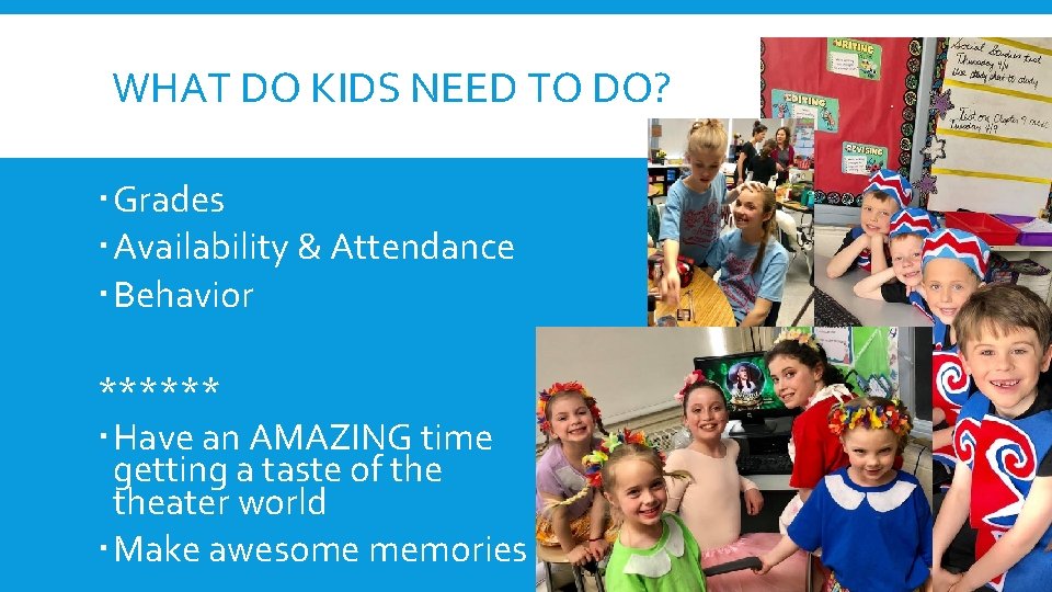 WHAT DO KIDS NEED TO DO? Grades Availability & Attendance Behavior ****** Have an