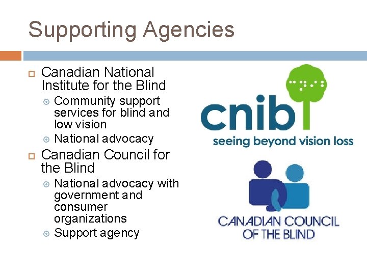 Supporting Agencies Canadian National Institute for the Blind Community support services for blind and