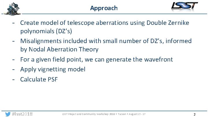 Approach - Create model of telescope aberrations using Double Zernike polynomials (DZ’s) - Misalignments
