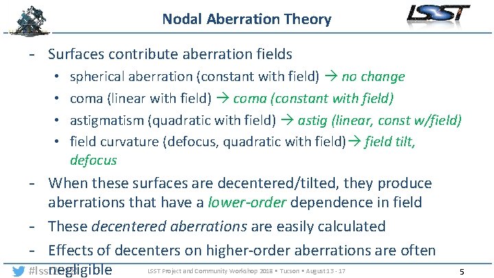 Nodal Aberration Theory - Surfaces contribute aberration fields • • spherical aberration (constant with