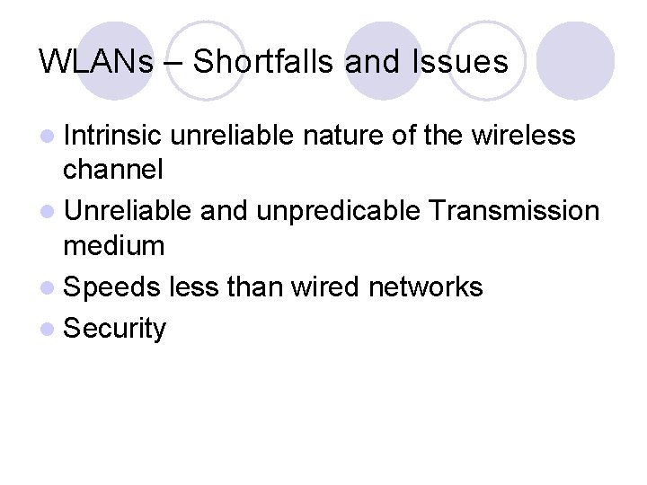 WLANs – Shortfalls and Issues l Intrinsic unreliable nature of the wireless channel l WLANs – Shortfalls and Issues l Intrinsic unreliable nature of the wireless channel l