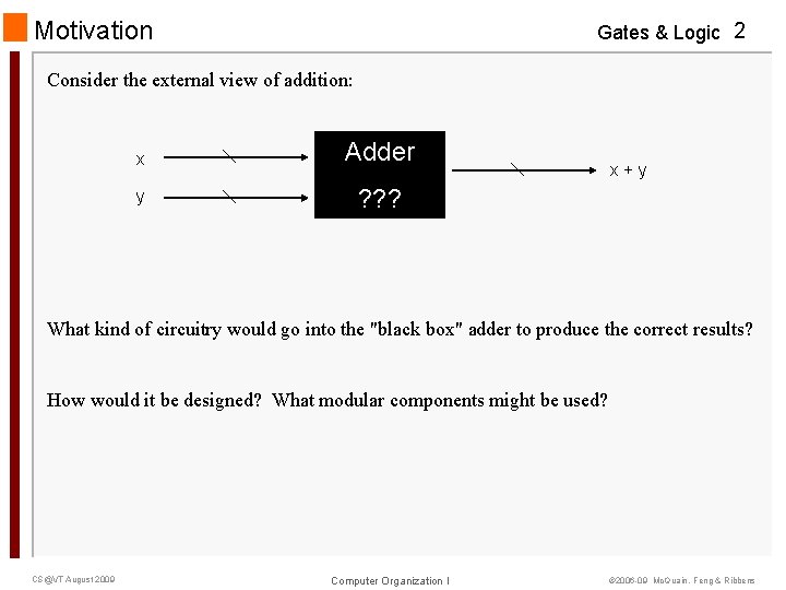 Motivation Gates & Logic 2 Consider the external view of addition: x Adder y