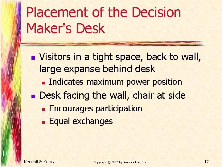 Placement of the Decision Maker's Desk n Visitors in a tight space, back to