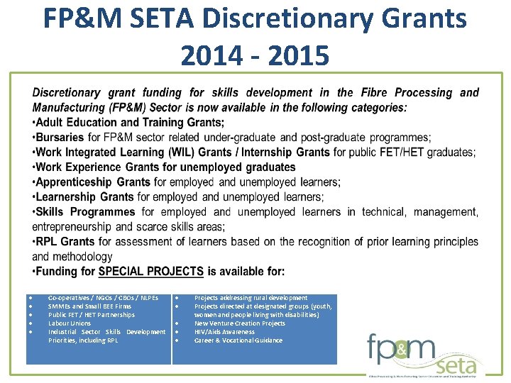 FP&M SETA Discretionary Grants 2014 - 2015 Co-operatives / NGOs / CBOs / NLPEs
