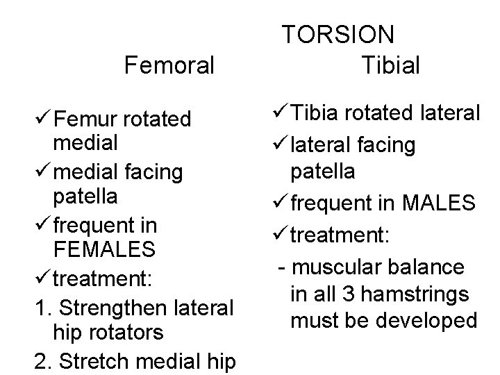 Femoral ü Femur rotated medial ü medial facing patella ü frequent in FEMALES ü