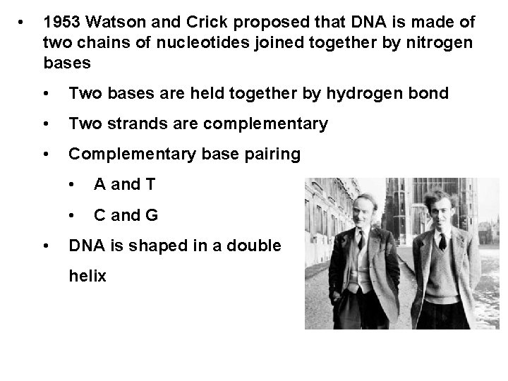  • 1953 Watson and Crick proposed that DNA is made of two chains