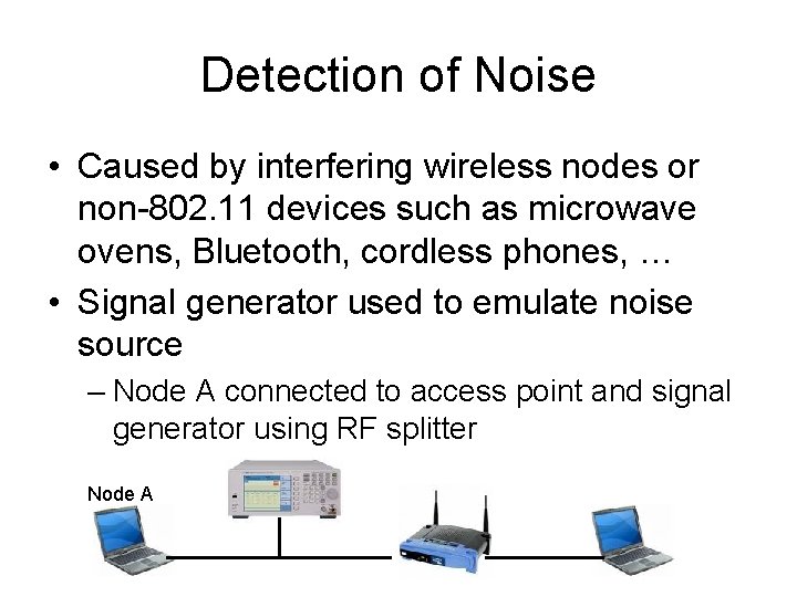 Detection of Noise • Caused by interfering wireless nodes or non-802. 11 devices such