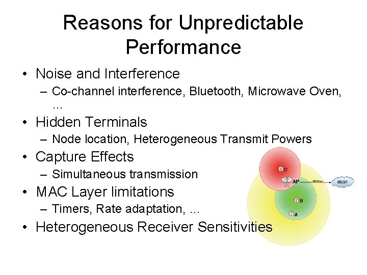 Reasons for Unpredictable Performance • Noise and Interference – Co-channel interference, Bluetooth, Microwave Oven,